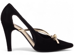 Scarpin Preto - 9 cm - Laço Metalizado Ouro Light - loja online