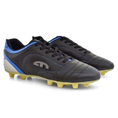 Chuteira EGM Masculina em Couro Flex Trava Fixa Preta e Azul