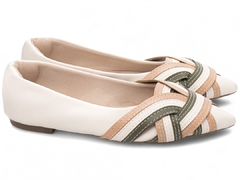 Sapatilha Feminina Bico Fino - Sofisticação em Napa Off White, Verde e Rose na internet