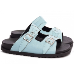 Sandália Papete Verão Glamour - Azul com Fivelas Prateadas - loja online