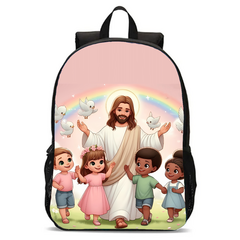 Mochila Infantil Reforçada Estampa Jesus Cristo Rosa
