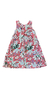 Vestido de verano Jazmín Chebar con estampado de hibisco en tonos rosas y verdes.