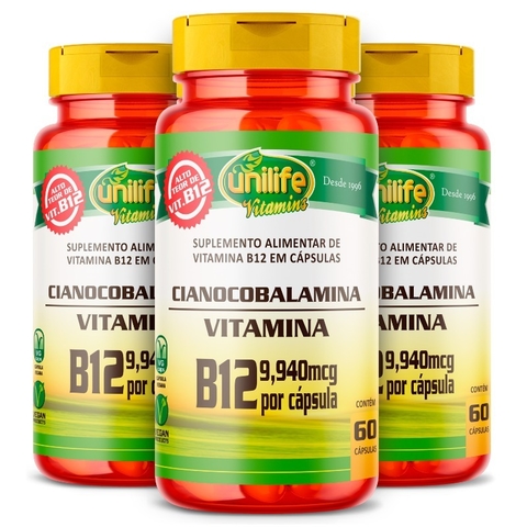Kit com 3 - Vitamina B12 - Cianocobalamina - 60 caps - Unilife