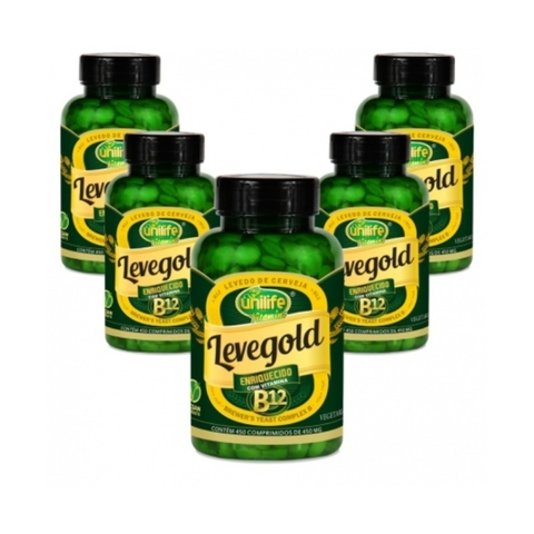 Kit com 5 - Levegold - Levedo de cerveja + Vitamina B12 - 450 comp - Unilife