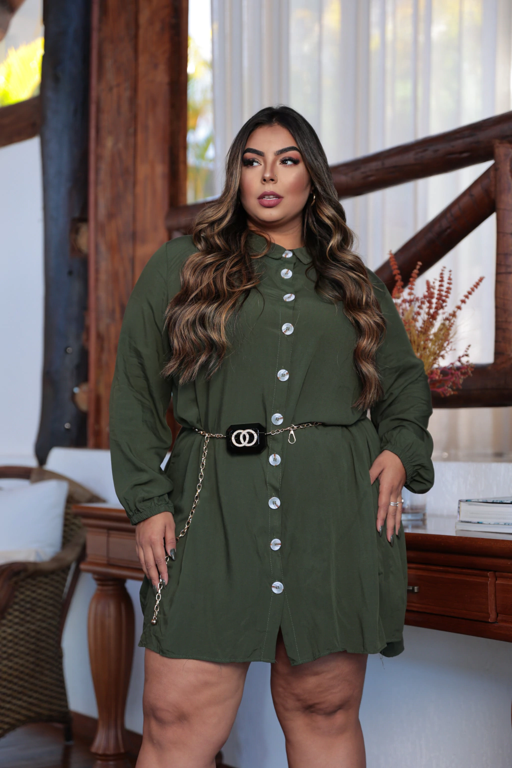 Vestido Chemise Camisão Plus Size Manga Longa C/ Botões
