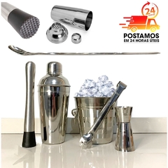 Kit Bartender Premium completo 6 peças Inox com Coqueteleira 500ml, Socador, Dosador, Balde, Pegador de gelo e colher bailarina