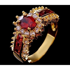 Anel Feminino Banhado A Ouro Amarelo 18K Rubi Jóia Fashion Artesanal De Casamento