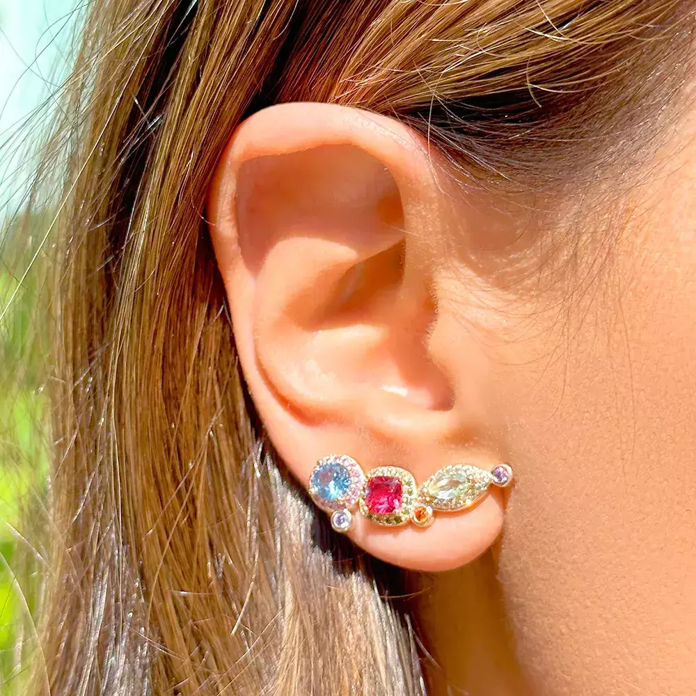 Brinco ear cuff cristal ametista verde ouro 18k