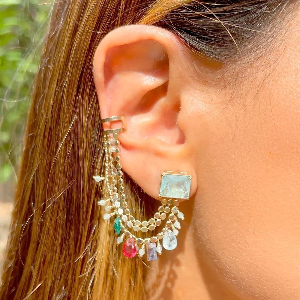 Brinco ear cuff fios fusion turmalina ouro 18k