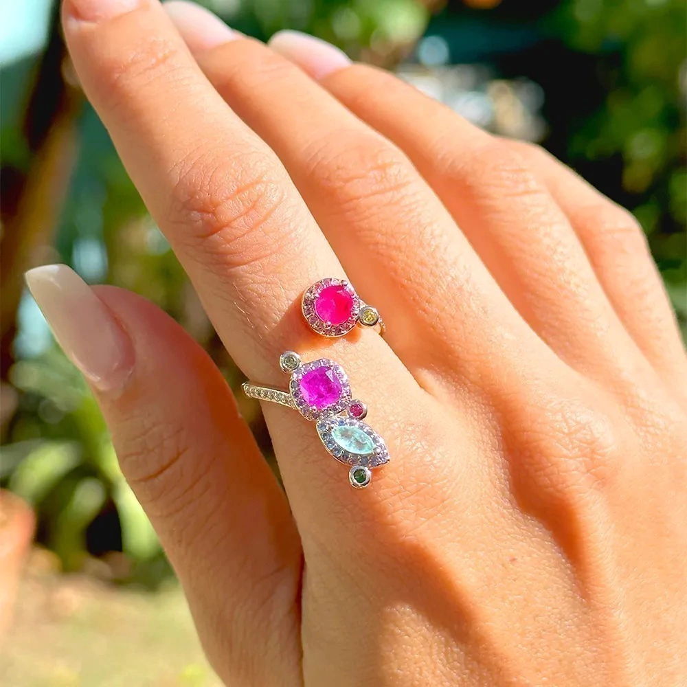Anel Fusion ametista turmalina zircônia ouro 18k