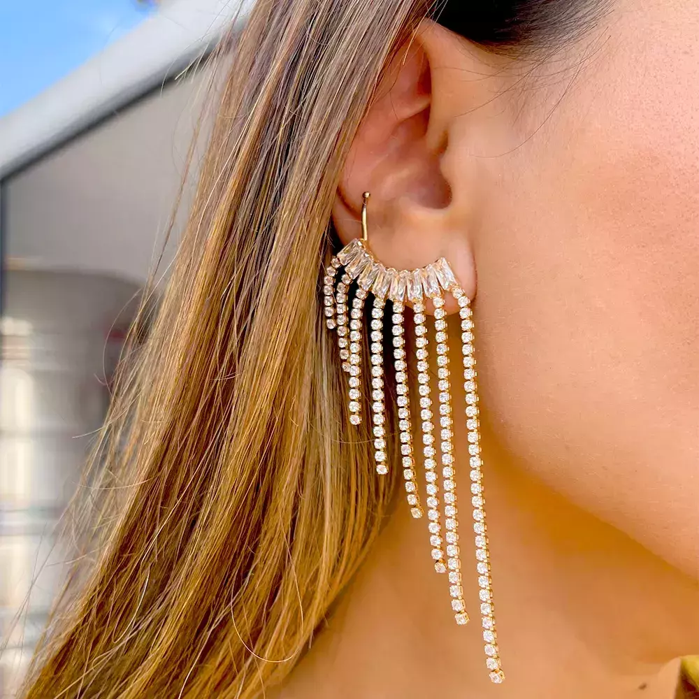 Brinco Ear Cuff Franja Festa Zircônia Ouro