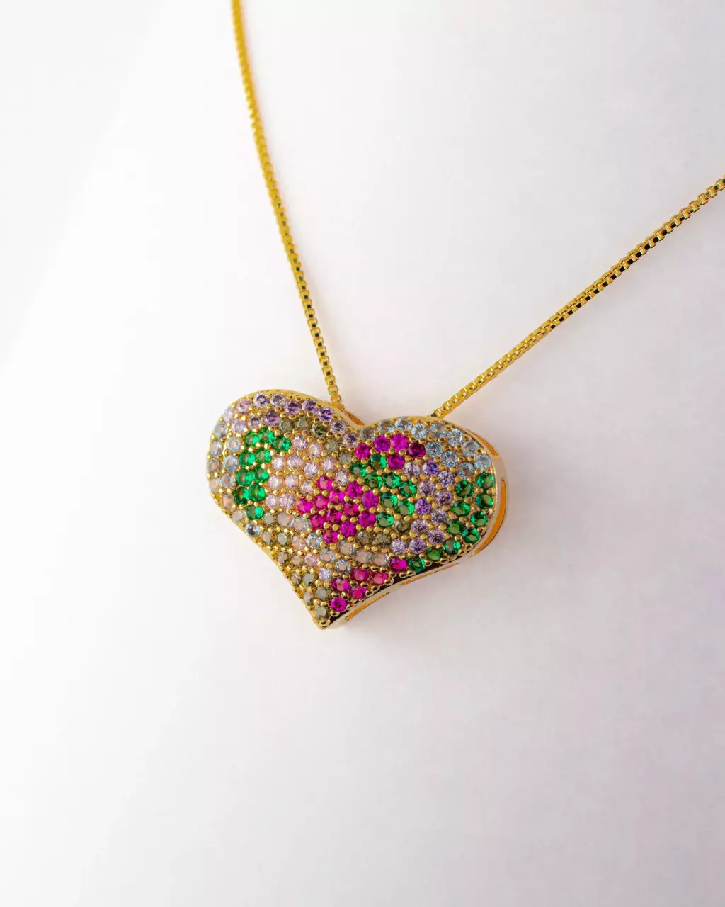 Colar Coração G Zircônia Colorida Ouro 18K 50cm