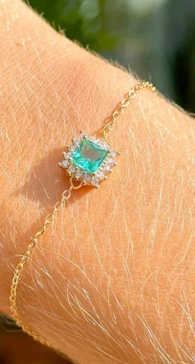 Pulseira Pingente Cristal Turmalina Paraíba Borda Cravejada Zircônias ouro 18k
