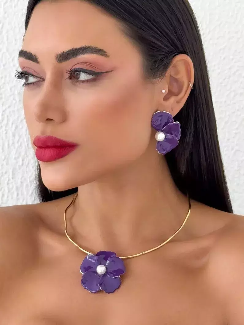 Conjunto Colar Brinco Roxo ouro 18k