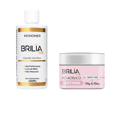 Kit Pó Acrílico Soft Pink 20g + Monomer 100ml - Brilia
