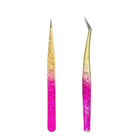 Kit Pinça Semi Curva + Reta Rosa E Dourado Extensão Cílios