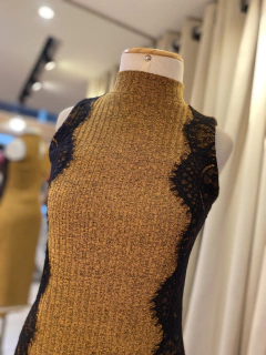Vestido Canelado Renda Mostarda