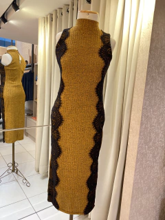Vestido Canelado Renda Mostarda - comprar online