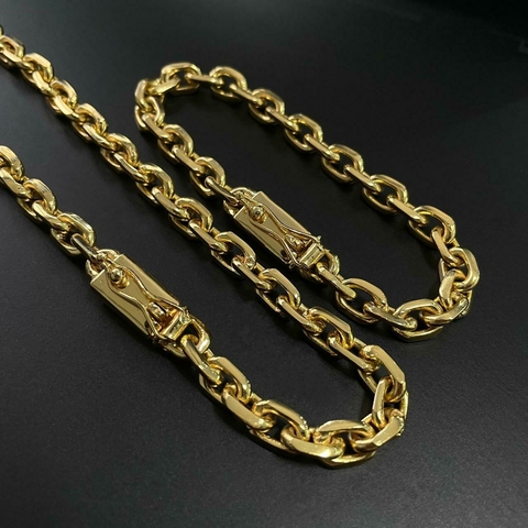 Kit Corrente e Pulseira Cadeado 8mm Banhado a Ouro 18k/ marcação 750