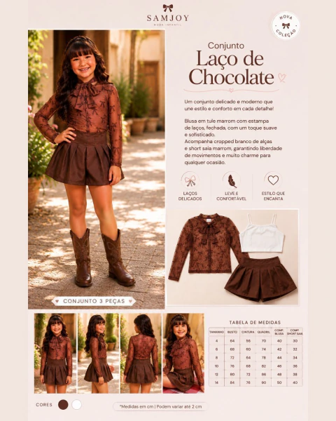 Conjunto Laço de Chocolate 3 peças: blusa em tule, cropped e short saia na internet