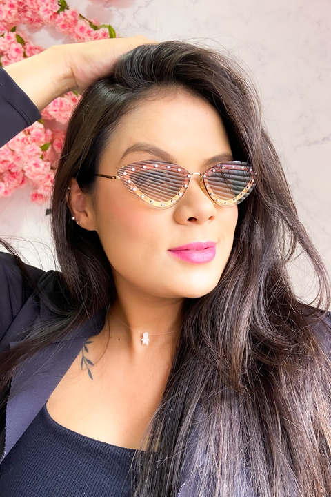 Óculos Gatinho Marrom Pedraria