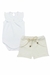 Conjunto Mini Bear Feminino Body Branco com Iniciais da Marca e Shorts Cor Areia com Cordão (G/1/2)