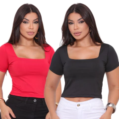 Imagem do Kit com 2 Blusas lisas modelo decote quadrado