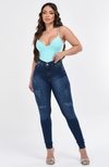 Calça Jeans Escura, detalhes de puído, com elastano, cintura alta