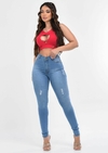 Calça Jeans Clara, Rasgada, com elastano, cintura alta