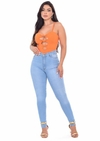 Calça Jeans, clara, lisa, com elastano, cós alto