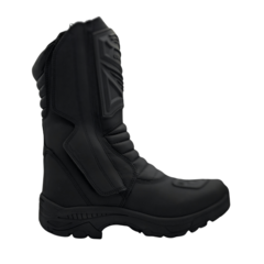 Bota de moto de cuero negro, con puntera Goodyear y detalles reflectivos para mayor seguridad.