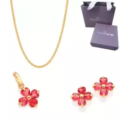 Conjunto Brincos E Colar Rommanel Rosa Flor Lindo Delicado