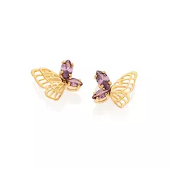 Brinco Feminino Rommanel Borboleta Com Zircônia Lilás Banhado A Ouro 18k