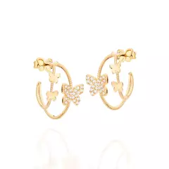 Brinco Meia Argola Borboleta Banhado Ouro 18k Com Zircônias