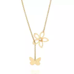 Cordão Feminino Rommanel Fio Português Banhado A Ouro 18k Detalhes De Flor E Borboleta Cód-531162 - comprar online