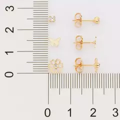 Kit Brinco Borboleta, Flor E Solitário Banhado Ouro 18k Com Zircônia