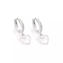 Brinco Argola com Coração Pendurado de Prata 925 com Zircônias Cód. 820165
