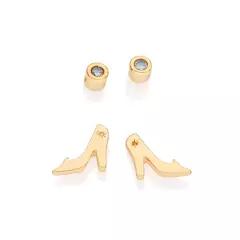 Kit Brinco Solitário e Sapato Cinderela Banhado a Ouro 18k com Zircônias Cód. 527297