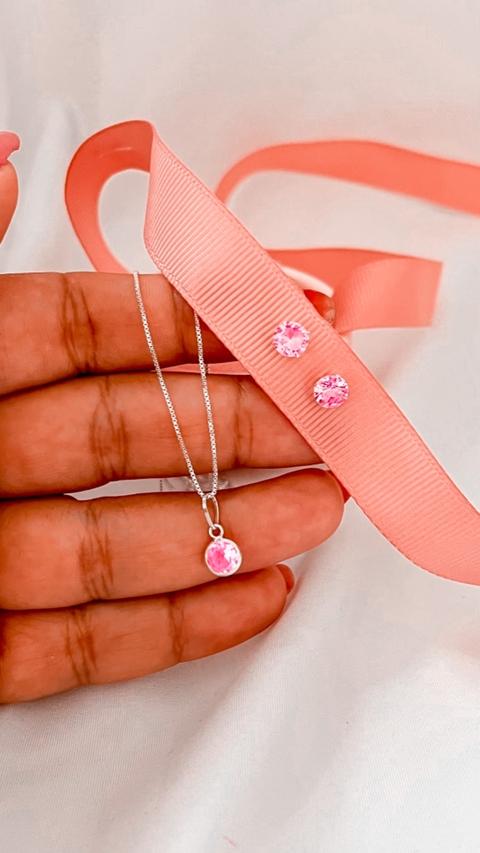 CONJUNTO COLAR E BRINCO ZIRCÔNIA ROSE REDONDO