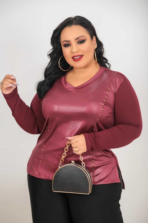 Blusa Plus Size Manga Longa SV Detalhe Cirre Vinho G4