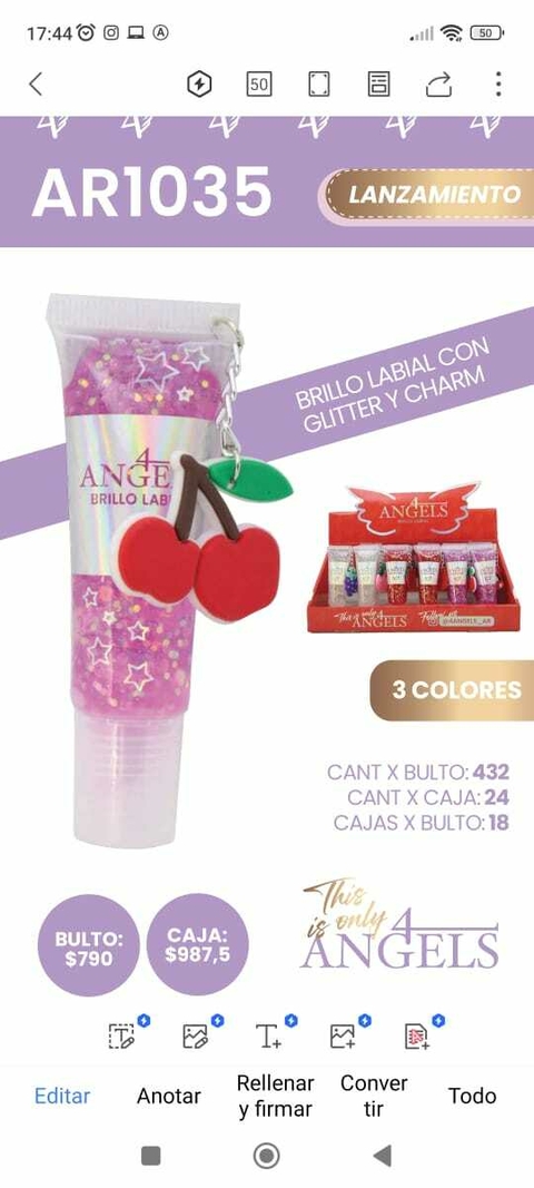 BRILLO LABIAL CON GLITTER/ 4 ANGELES #AR1035
