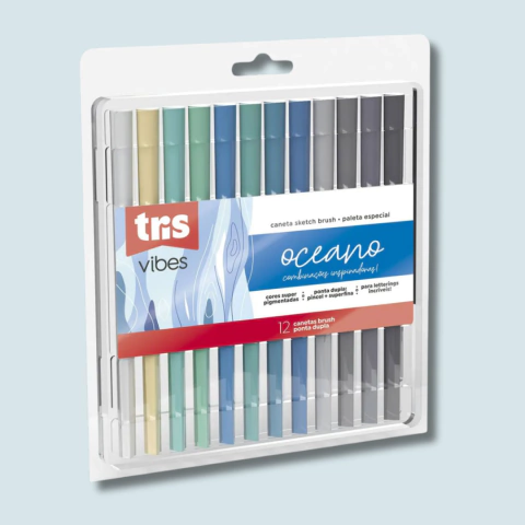 Kit Brush Pen Oceano Ponta Dupla Pincel + Superfina Vibes Sketch 12 Cores Tris - comprar online