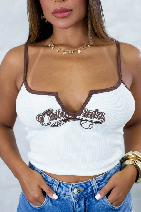 Cropped Bordado Califórnia Off Marrom