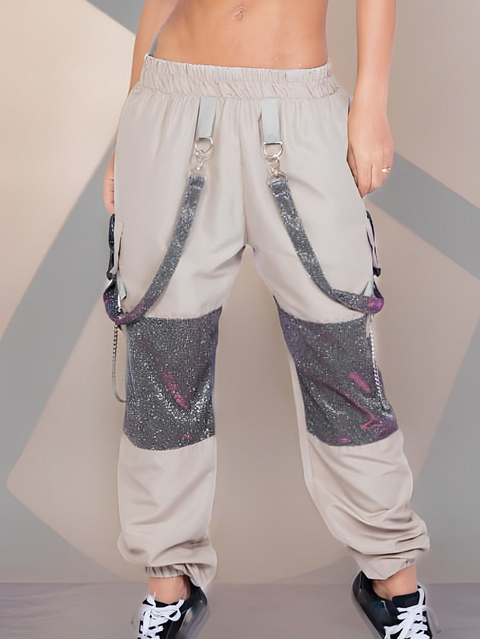 Calça Cargo Jogger Lurex Holográfica Bege