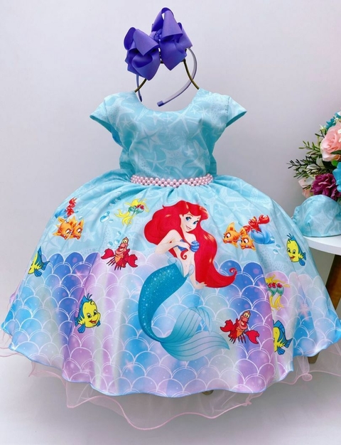 Vestido Infantil Ariel Sereia Fundo do Mar Verde