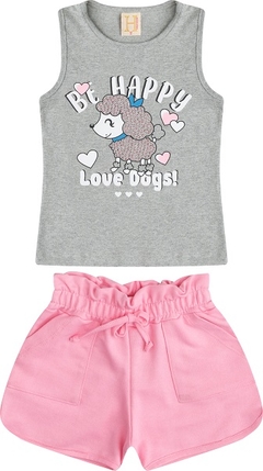 13709 CONJUNTO INFANTIL MENINA 1-2-3 REGATA COTTON COM SILK DOG E BERMUDA MOLETINHO COM BOLSO E CADARCO