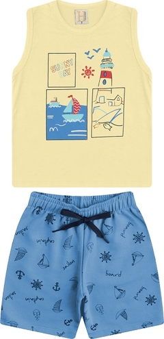13753 CONJUNTO INFANTIL MENINA 1-2-3 REGATA MEIA MALHA COM SILK NAUTICO E BERMUDA MOLETINHO