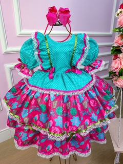 Vestido Junino Infantil Quadrilha Flor do Sertão Luxo Verde Tiffany