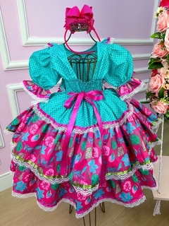 Vestido Junino Infantil Quadrilha Flor do Sertão Luxo Verde Tiffany na internet