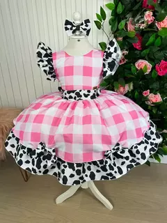 VESTIDO INFANTIL FAZENDINHA ROSA VAQUINHA COM LAÇO